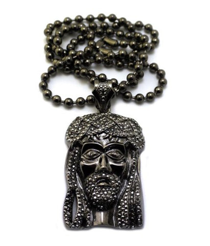 New Hematite Tone Iced Out Jesus Pendant w/ 6mm 36" Ball Chain MP474HEBC