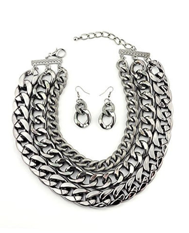 Tri-Link Chain Choker Necklace with Earrings in Hematite-Tone ICN1008H