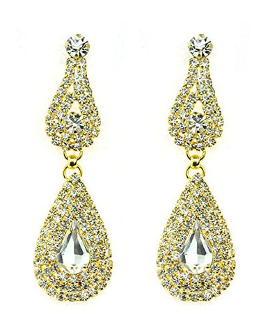 Rhinestone Studded Dual Teardrop Pattern Clear Gemstone Dangling Pierced Earrings in Gold-Tone