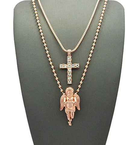 Stone Stud Single Row Cross & Praying Angel Pendant Set Multi Chain Necklaces in Rose Gold-Tone