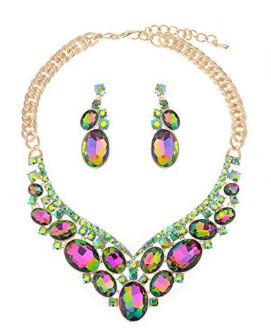 Oval Cut Iridescent Green Stone Pave Necklace and Earrings Jewelry Set in Gold-Tone