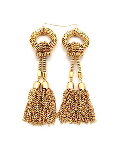 Double Tassel End Mesh Chain Drop Earrings in Gold-Tone