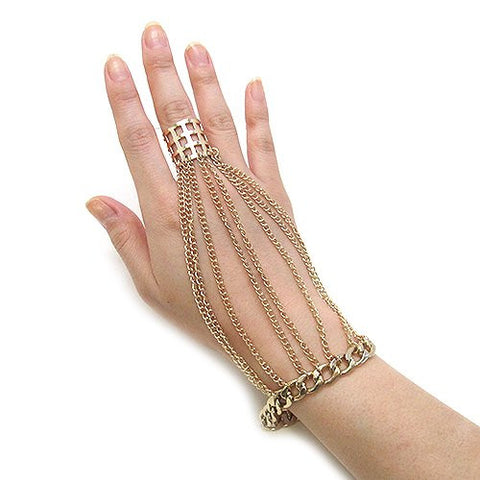 Mesh Ring Multi Strand Chain Bracelet Hand Jewelry in Gold-Tone