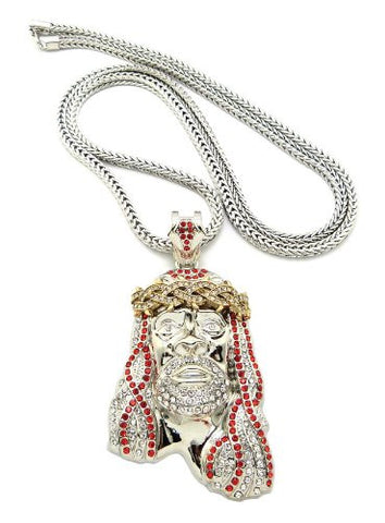 Crown of Thorns Jesus Paved Pendant with 36" Franco Chain Necklace - Red/Clear Silver-Tone MP449R-RDCR