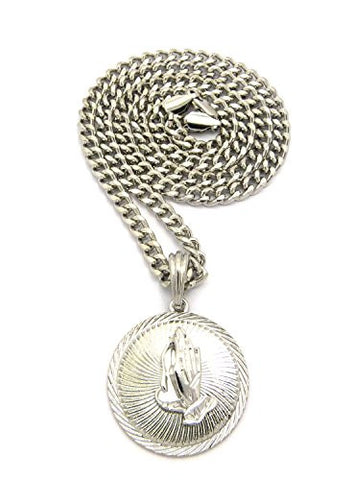 Solid Praying Hands Medallion Pendant w/ 5mm 24" Cuban Chain Necklace in Silver-Tone