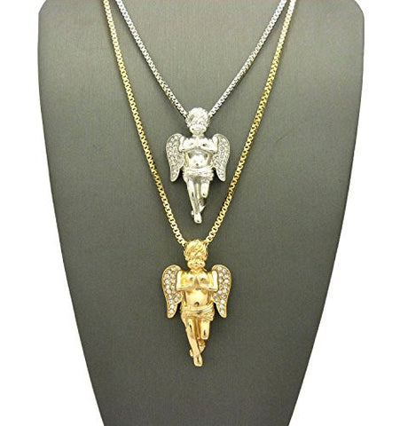 Stone Stud Praying Angel Set 2mm 24" & 30" Box Chain Necklace in Gold/Silver-Tone