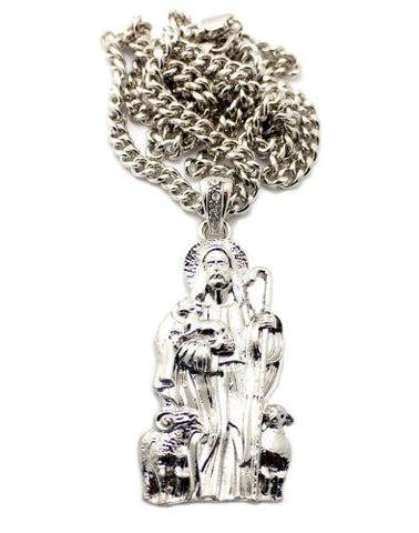 Jesus and Lambs Pendant in Silver Tone w/ 36" Miami Cuban Chain CP77R