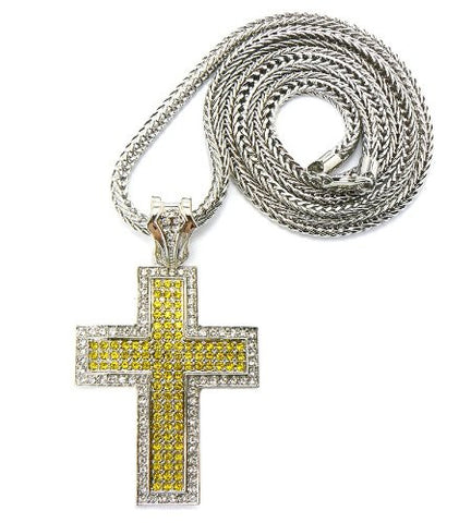 Thick Carved Silver/Yellow Tone Iced Out Cross Pendant w/ 4mm 36" Franco Chain