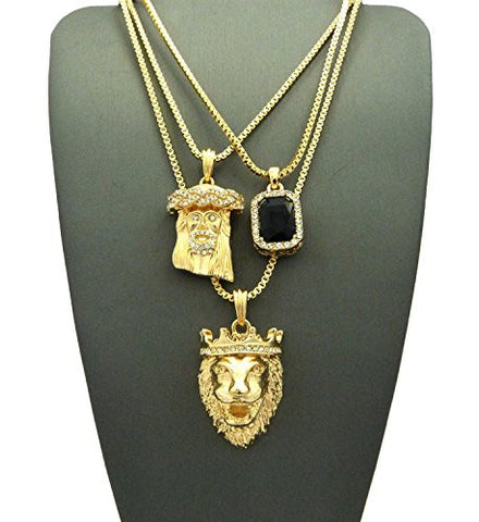 Faux Onyx Stone, Jesus Face & King Lion Pendant Set w/ Multi Length Box Chains in Gold-Tone