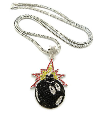 Iced Out Bomb Pendant 4mm 36" Franco Chain Necklace in Silver-Tone