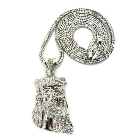 Pave Jesus Face Pendant in Silver Tone w/ 36" Franco Chain GAP12R