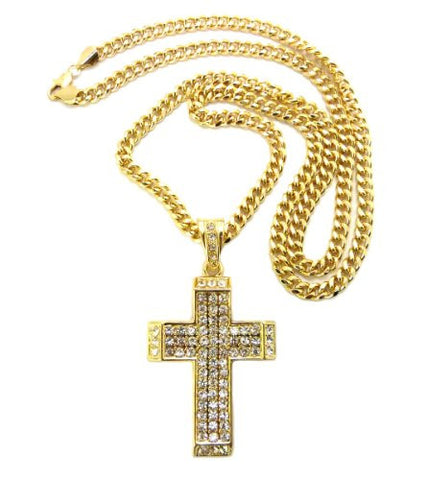 Paved Cross Pendant in Gold Tone w/ 6mm 36" Miami Cuban Chain CP26G