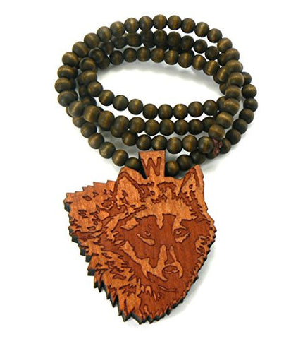 Wolf Wood Pendant 36" Wooden Bead Chain Necklace in Brown-Tone WX12BRN