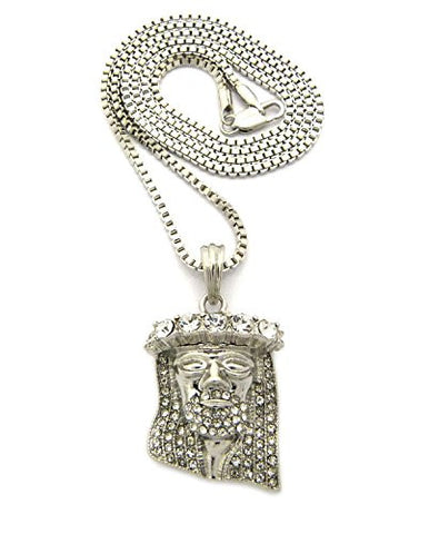 Stone Crown Pave Jesus Pendant 2mm 24" Box Chain Necklace in Silver-Tone
