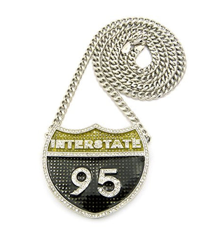 I-95 Iced Out Interstate 95 Pendant w/ 36" Cuban Chain - Silver Tone CP140R