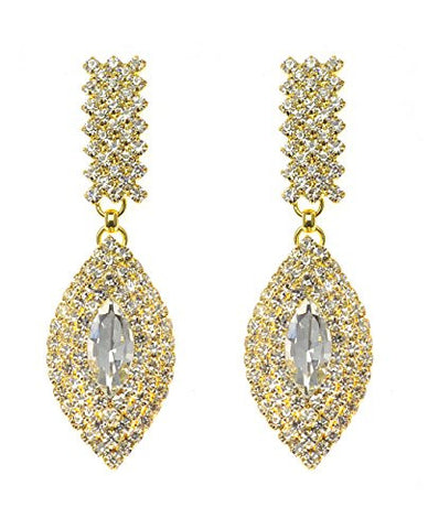 Rhinestone Studded Layered Oval Pattern Clear Gemstone Dangling Pierced Earrings in Gold-Tone