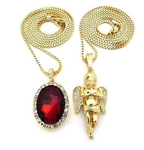 Micro Oval Faux Ruby Stone & Pave Pray Angel Pendant 2mm 30" Box Chain Necklace Set - Gold-Tone