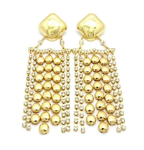 Wide Rhinestone Ball Chain Drop Earrings in Gold-Tone