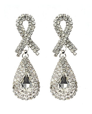 Rhinestone Studded Ribbon & Teardrop Pattern Clear Gemstone Dangling Pierced Earrings in Silver-Tone