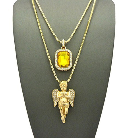 Stone Stud Praying Angel & Yellow Stone Pendant Set 2mm 24" & 30" Box Chain in Gold-Tone