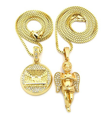 The Last Supper & Praying Angel Pave Micro Pendant Necklace Set with 24" 30" Box Chains - Gold-Tone