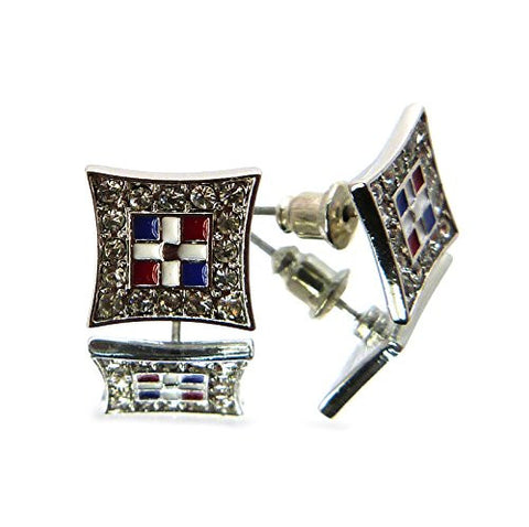 Flag of Dominican Republic Iced Out Kite Stud Earrings in Silver-Tone XE1046R