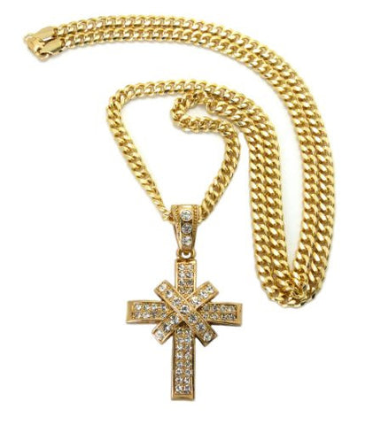 Paved X Cross Pendant in Gold Tone w/ 6mm 36" Miami Cuban Chain CP49G