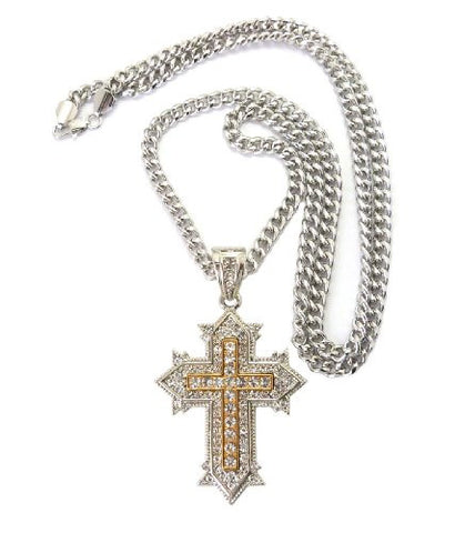Vintage Cross Pendant in Silver/Gold Tone w/ 36" Miami Cuban Chain CP48RT