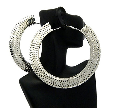 Wide Slim Chain Look 4.50" Hoop Earrings in Silver-Tone