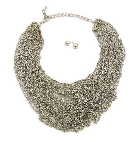 Layered Chain Cluster Necklace w/ Earrings in Silver Tone JS3012RD
