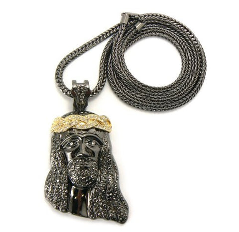 Iced Out Crown of Thorns Jesus Pendant with 36" Franco Chain Necklace - Hematite/Gold-Tone MP424TG