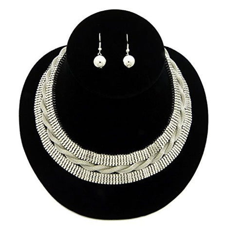 Women's Bohemian Style 3 Layer Twisted Pattern Choker Necklace and Dangling Ball Earring Set in Silver-Tone