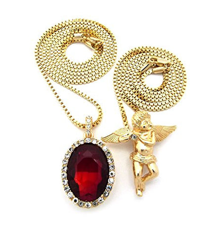 Micro Oval Faux Ruby Stone & Solitaire Angel Pendant 2mm 24" 30" Box Chain Necklace Set - Gold-Tone