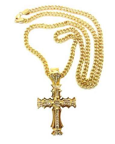 Edged Cross Rhinestone Pendant in Gold Tone w/ 36" Cuban Chain CP19G
