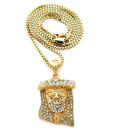 Stone Crown Pave Jesus Pendant 2mm 24" Box Chain Necklace in Gold-Tone