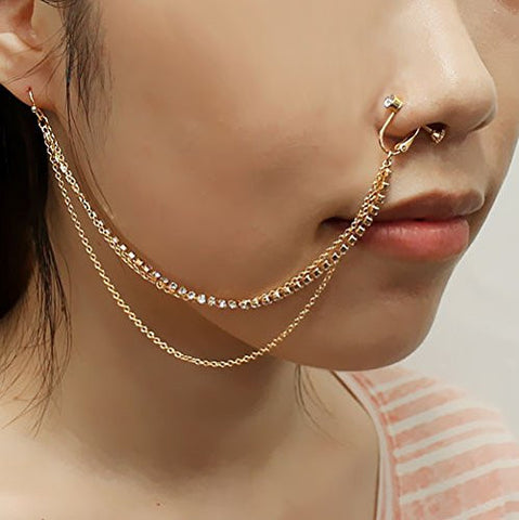 Pierced Hook Earring To Clip On Nose Hoop Ring w/ Triple Strand Stone Stud Chain in Gold-Tone