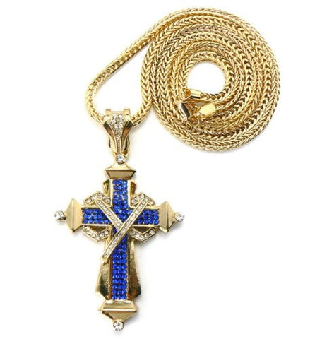 Pave Cross Necklace with 4mm 36" Franco Chain - Blue/Gold-Tone MLP039GBL