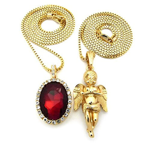 Micro Oval Faux Ruby Stone & Solid Praying Pendant 2mm 30" Box Chain Necklace Set - Gold-Tone