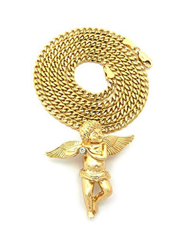 Polished Solitaire Angel Pendant 3mm 24" Concave Cuban Chain Necklace in Gold-Tone