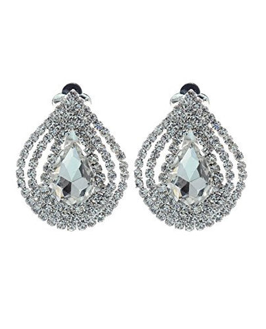 Rhinestone Studded Dangling Teardrop Clip On Earrings in Silver-Tone