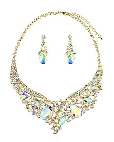 Dangling Teardrop & Elliptical Aurora Borealis Stone Necklace and Earrings Jewelry Set in Gold-Tone