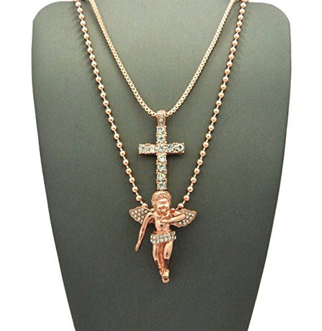 Stone Stud Single Row Cross & Floating Angel Pendant Set Multi Chain Necklaces in Rose Gold-Tone