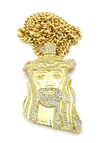 Jesus Face Paved Flat Pendant w/ 36" Cuban Link Chain - Gold Tone CP134G