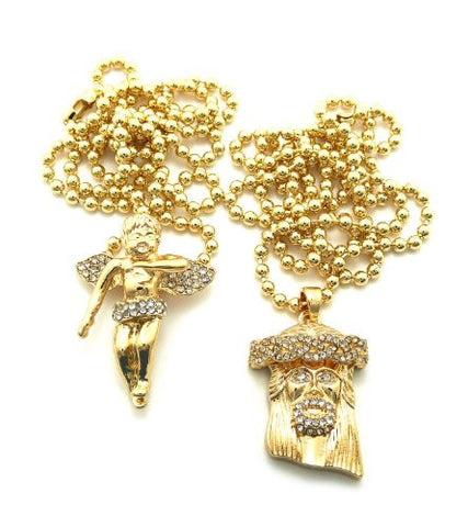 Micro Jesus and Cherub Gold Tone Pendant Necklace 2 Piece Set w/ 3mm 27" Chain
