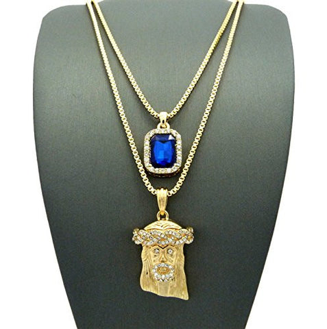 Pave Blue Stone & Crown of Thorns Jesus Pendant Set 2mm 24" & 30" Box Chain Necklace in Gold-Tone