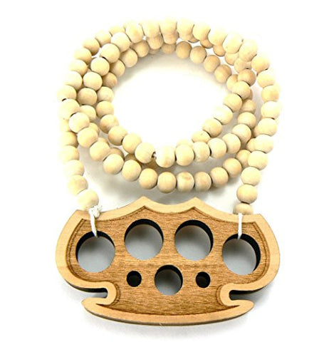 Wood Knuckle Pendant 36" Wooden Bead Chain Necklace in Natural-Tone WJ144NL