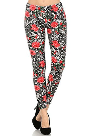 NYfashion101 Winter Fleece Lined Plaid Rose Flower Printed Stretch Velour Leggings