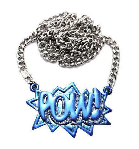 POW! Rapper Pendant in Blue w/ Silver Tone 36" Miami Cuban Chain CP98RBL