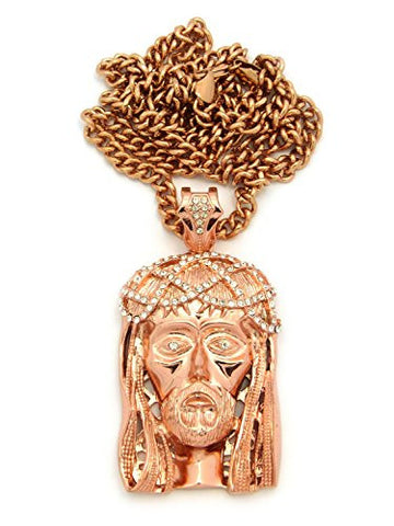 Pave Crown of Thorns Jesus Pendant w/36" Cuban Chain - Rose Gold-Tone MLP056RGCC