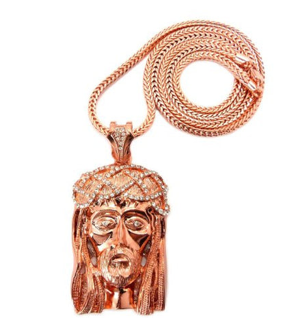 Rose Gold Tone Crown of Thorns Jesus Pendant w/ 4mm 36" Franco Chain MLP056RG